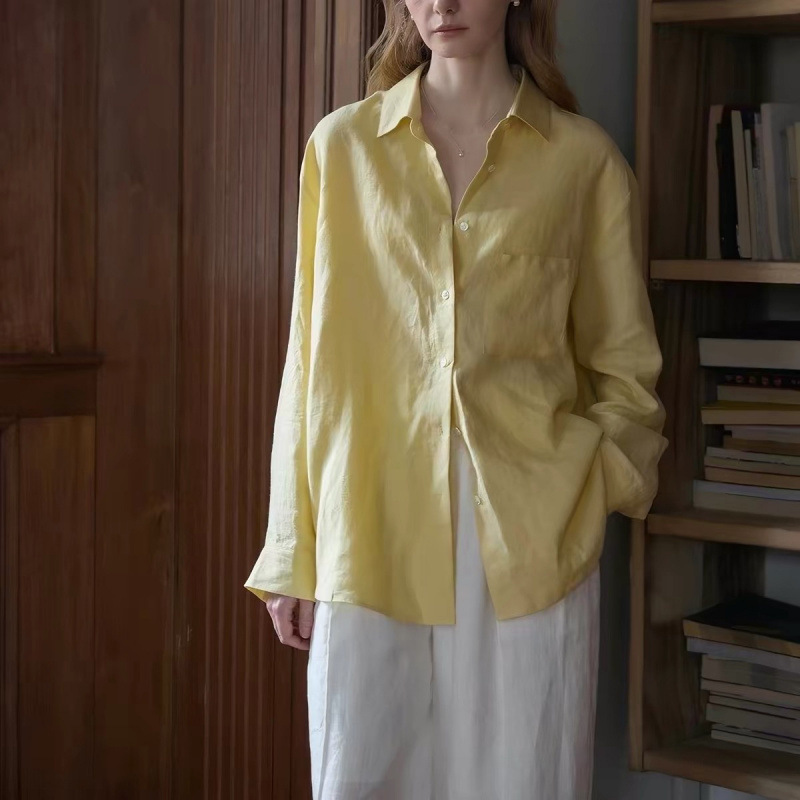 High-End Yellow Linen Long-Sleeve Shirt for Women, Summer Design, Niche Style, Thin, Old Money Style, Relaxed Fit, Sun-Protective Shirt High-End Yellow Linen Long-Sleeve Shirt for Women, Summer Design, Niche Style, Thin, Old Money Style, Relaxed Fit, Sun-Protective Shirt