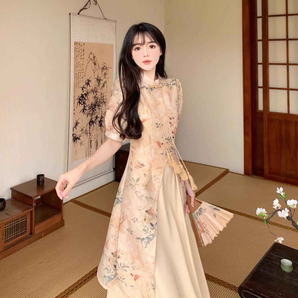 Vintage Chinese Style Dress National Printed Clothing Women Night
