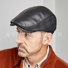 中老年男士新款秋羊皮拼接羊毛呢帽子护耳保暖防风真皮前进帽鸭舌