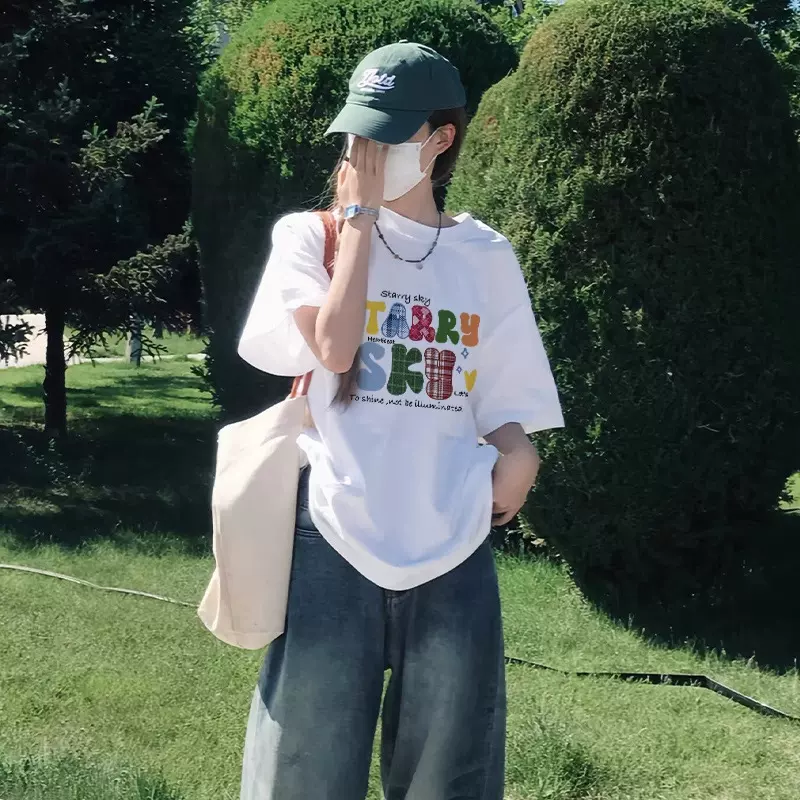 韩系纯棉短袖t恤女夏季2026新款宽松显瘦字母印花半袖体恤上衣潮