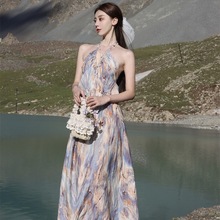 2024法式复古油画温柔碎花打揽吊带收腰连衣裙海边度假长裙夏