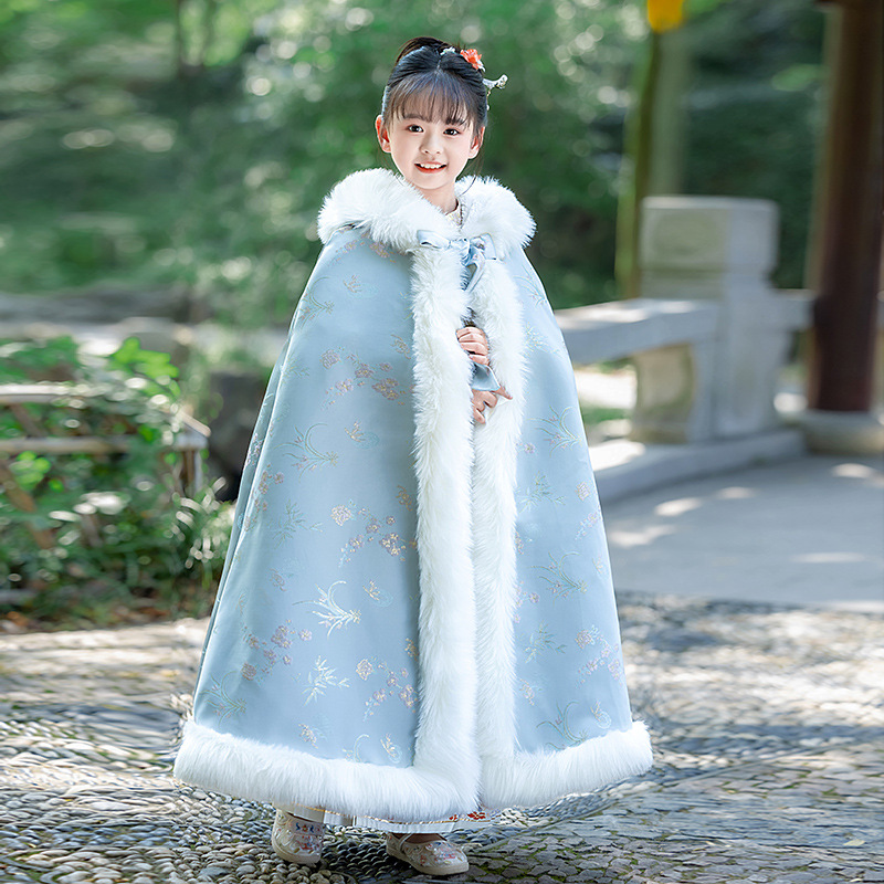Blue Girls' Hanfu Hooded Cloak Fairy Hair Collar Chinese Style fleece-lined Thickened fleece-lined Long Cloak for Little Girls