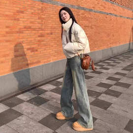 美式复古高个子加长阔腿牛仔裤女春秋ins新款宽松高腰显瘦直筒裤