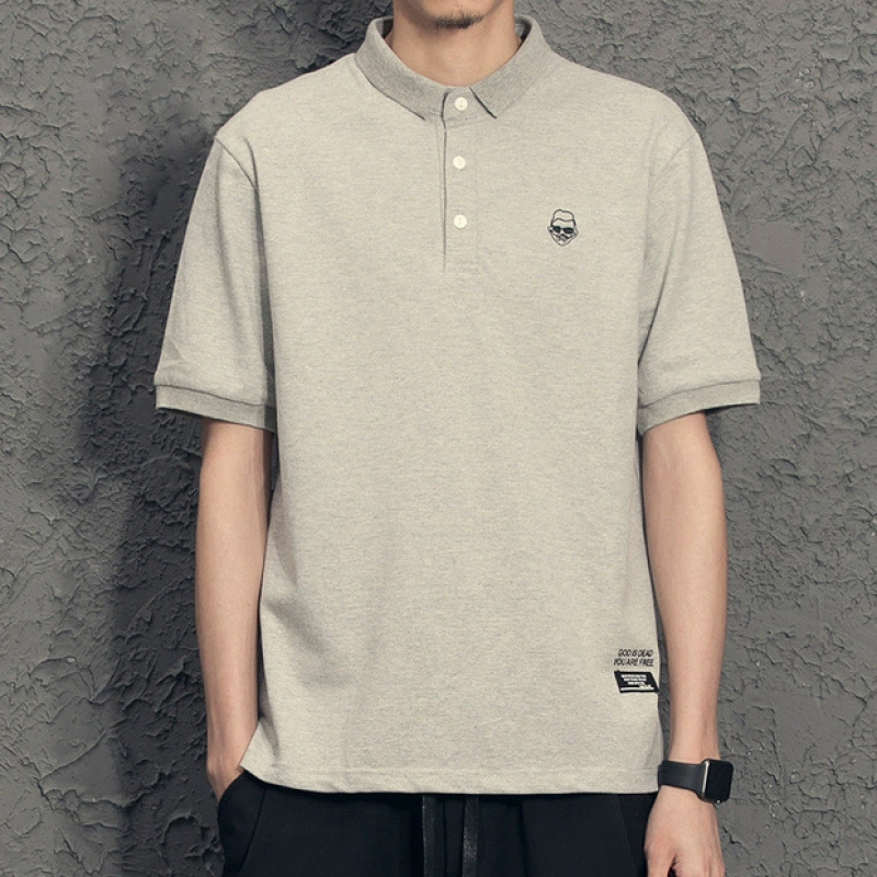 Простая мужская рубашка поло в гонконгском стиле, облегающая модная черная футболка с вышивкой, мужская одежда с короткими рукавами в японском стиле