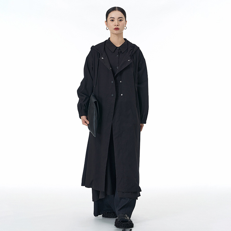 欧美风衣布长款连帽外套2025秋冬新款大码女装宽松显瘦31910|undefined