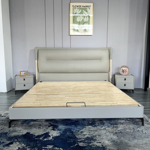 Minimalist Italian Style Light Luxury Double Leather Bed Minimalist Soft Bed Modern Minimalist Master Bedroom Soft Oak Leather