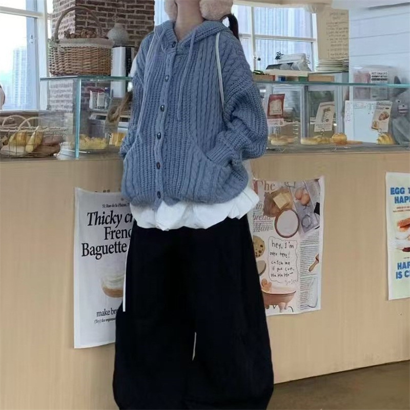 美式复古麻花连帽毛衣开衫女2025秋冬慵懒风针织衫女上衣外套ins|undefined