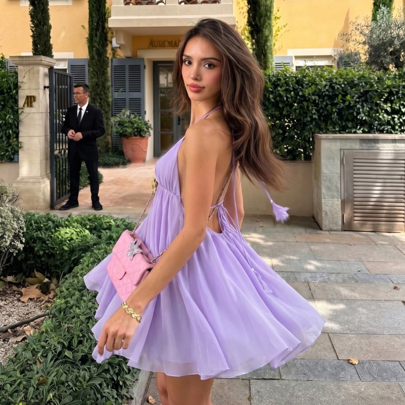 Aliexpress Europa y América 2026 verano color sólido moda metal decoración esbelta vestido corto de espalda