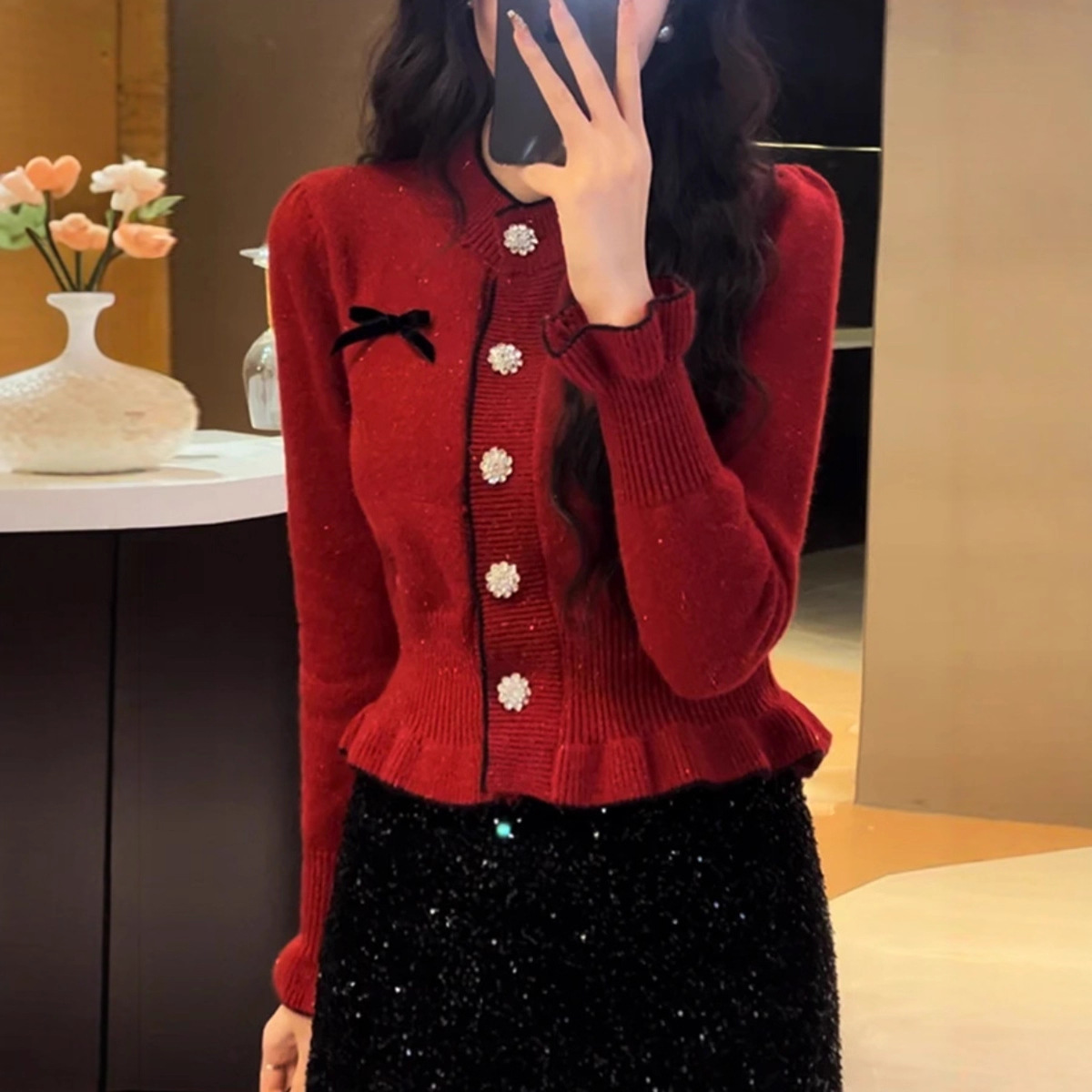 哥家商场同款女装2025秋季小香风短款蝴蝶结毛衣外套针织开衫上衣