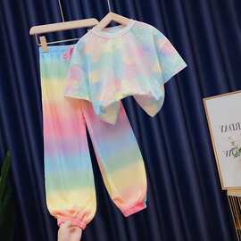女童彩虹裤套装2026新款夏装薄扎染t中大童女孩两件套潮夏季新款