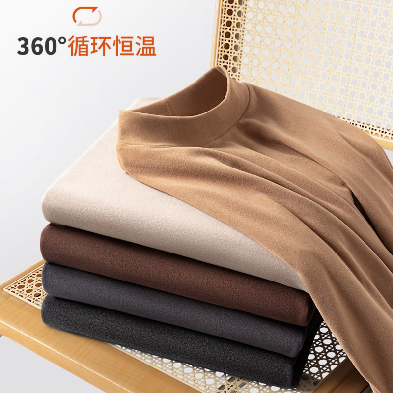 Nueva camisa de fondo de cuello medio alto de terciopelo alemán, camiseta de manga larga delgada y cálida de invierno más terciopelo para hombres