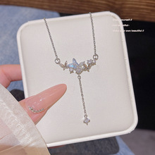 锆石蝴蝶流苏项链轻奢小众ins百搭高级感气质钛钢锁骨链时尚颈链