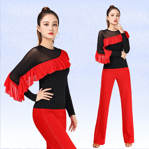 Latin Dance Top New Modern Dance Jitterbug Dance Suit Mesh Elegant Wavy Sleeves Red Long Sleeves
