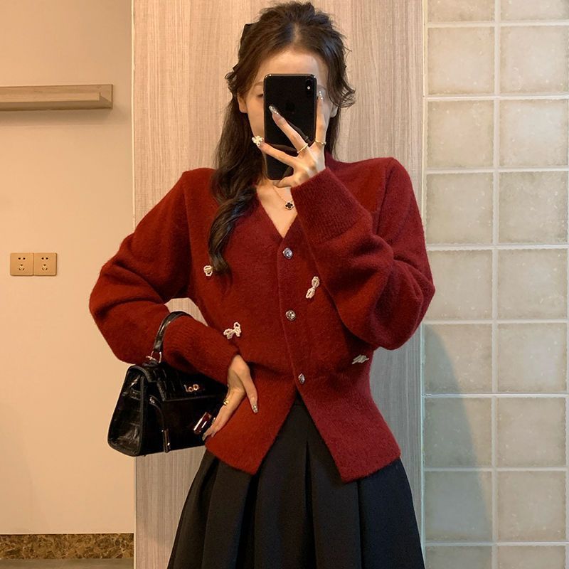 蝴蝶结外套上衣女小香风高级感黑色毛衣女软糯秋冬V领小开衫外套|undefined