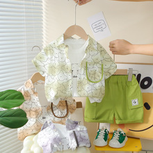 小宝宝洋气夏装2025新款男童满印薄款衬衣短袖三件套潮范儿童衣服