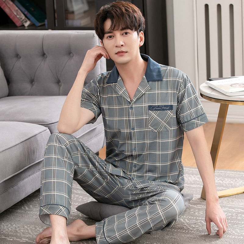 Pijamas de los hombres de verano 100% algodón pantalones de manga corta de media manga de primavera y otoño delgada cardigan ropa para el hogar más tamaño