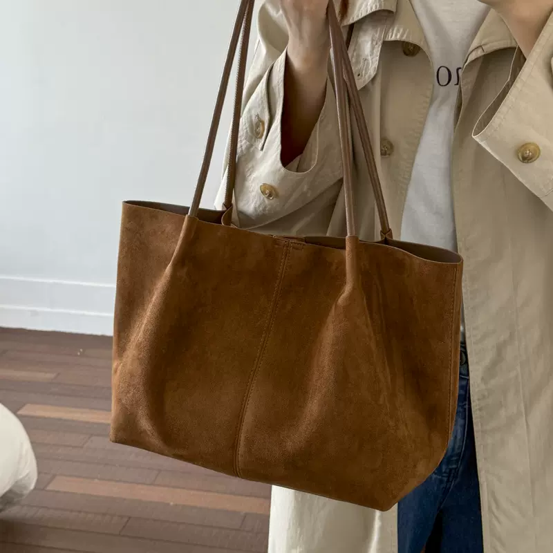 绒面托特包复古欧美风秋冬纯色麂皮绒单肩包大容量百搭质感通勤包