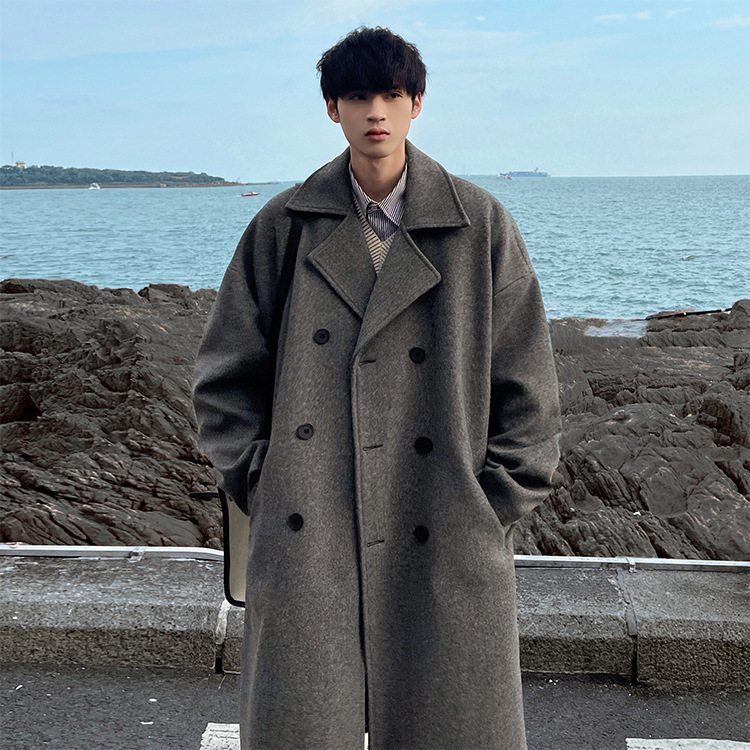겨울 모직 코트 남자 중간 길이의 무릎 세트 칼라 더블 브레스트 모직 코트 두꺼운 루즈 트렌디 코트