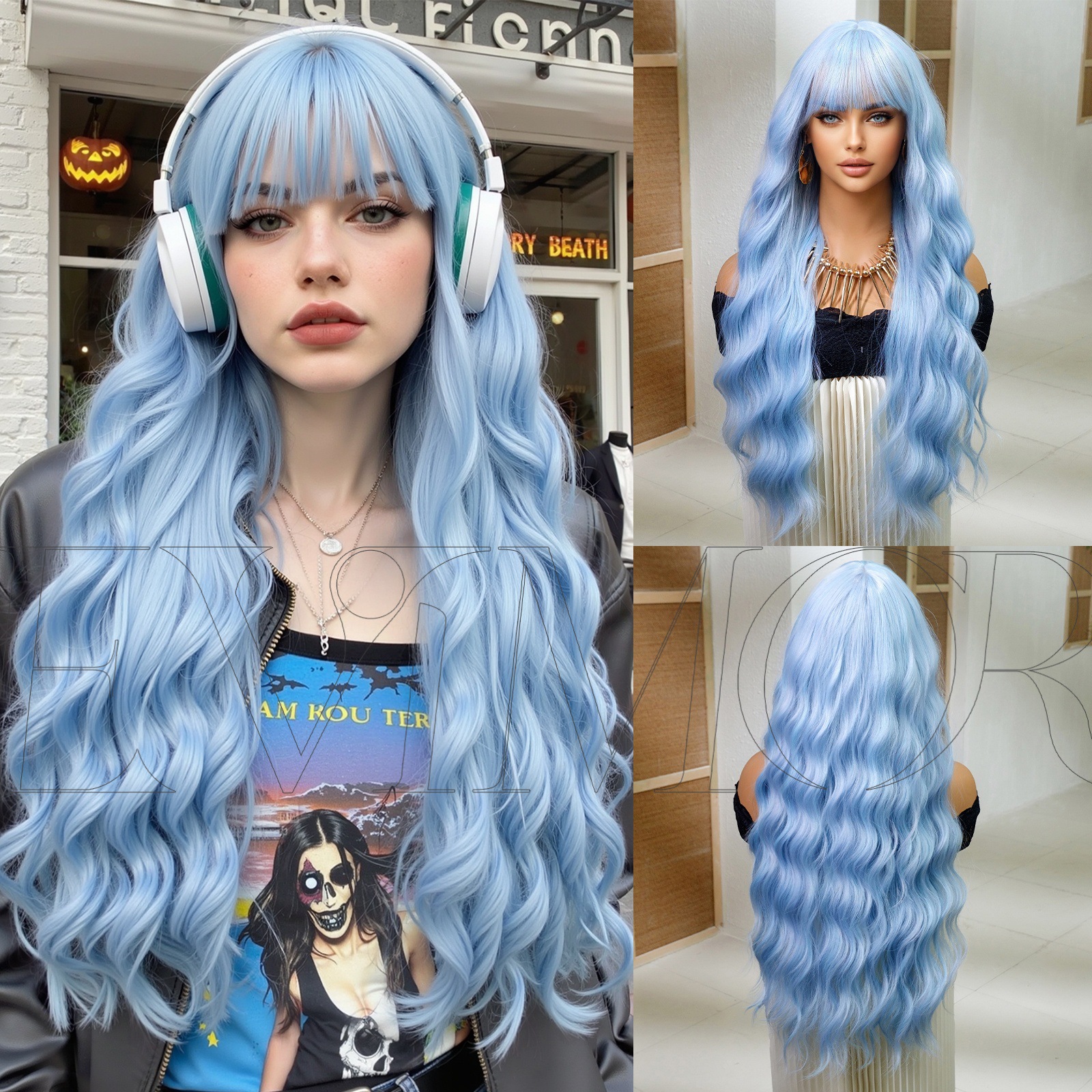 Europa y América cosplay pelucas mujeres cubierta de cabeza de color ondas grandes pelucas Halloween vestido de fiesta wig