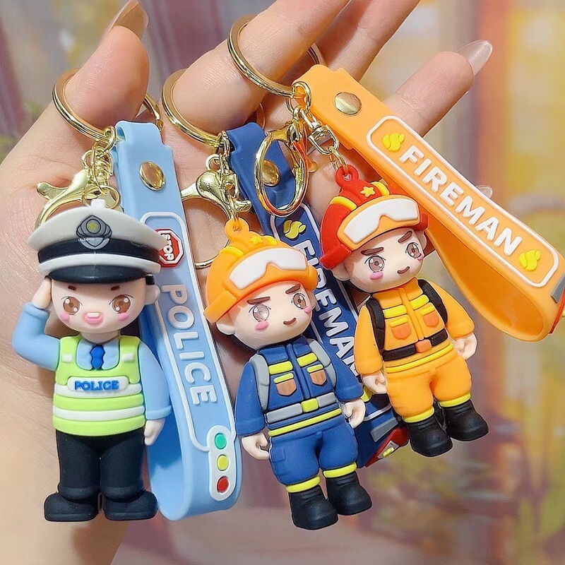 Firefighter Traffic Police Keychain Cartoon Car Keychain Cute Bag Ornament Holiday Gift Claw Machine Wholesale