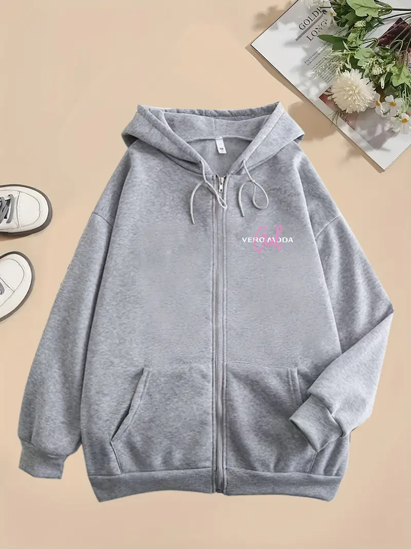 Women's Heart Print Loose Casual Hooded Sweatshirt Long Sleeved Zip Up Design European American Style Print_ecoleips.com