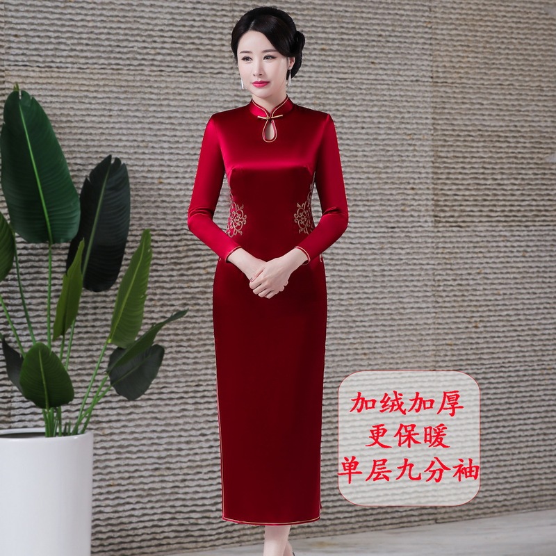 New Vintage-Style Improved Long Heavy Acetate Qipao Dress with Embroidery, Fashionable for Weddings, Toasting, and Mother's Wear for Annual Meetings