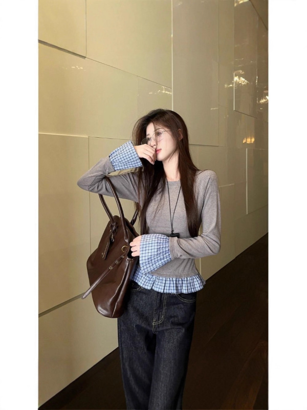 【自家工厂现货】休闲假两件长袖圆领格纹T恤女秋季修身显瘦上衣|undefined