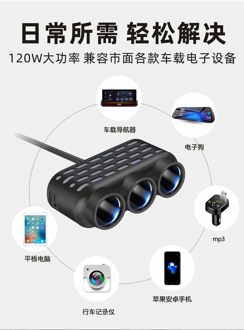 Car cigarette lighter one-to-three car fast charging colorful atmosphere light car converter one-to-three double USB socket