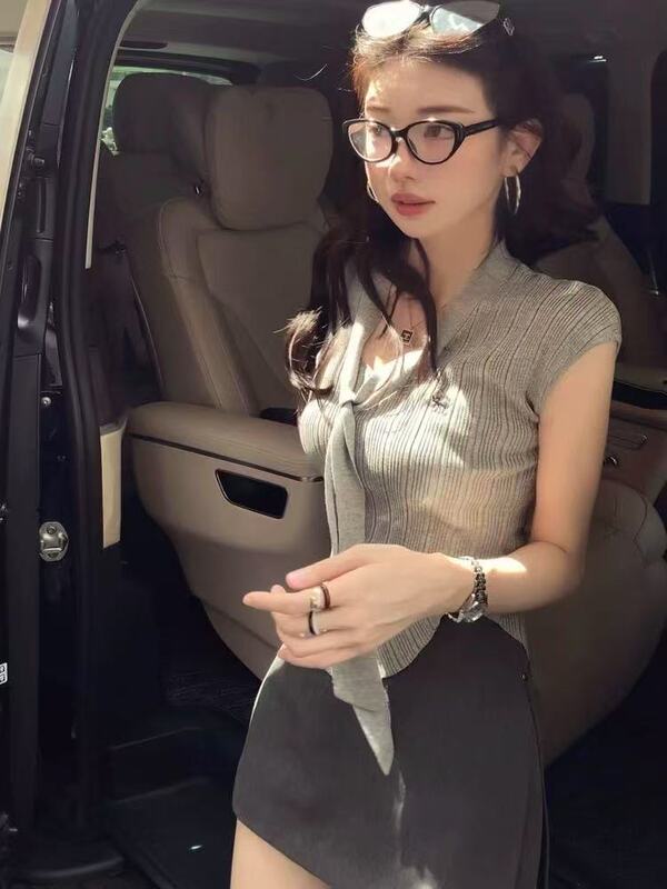 韩版设计感修身显瘦V领针织衫女夏季小众气质短袖高级感|undefined