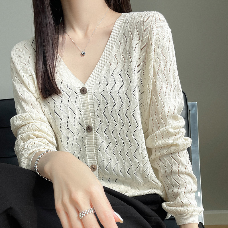 Spring and Autumn cotton long-sleeved coat Korean style loose casual comfortable breathable V-neck hollow pure cotton knitted cardigan for women