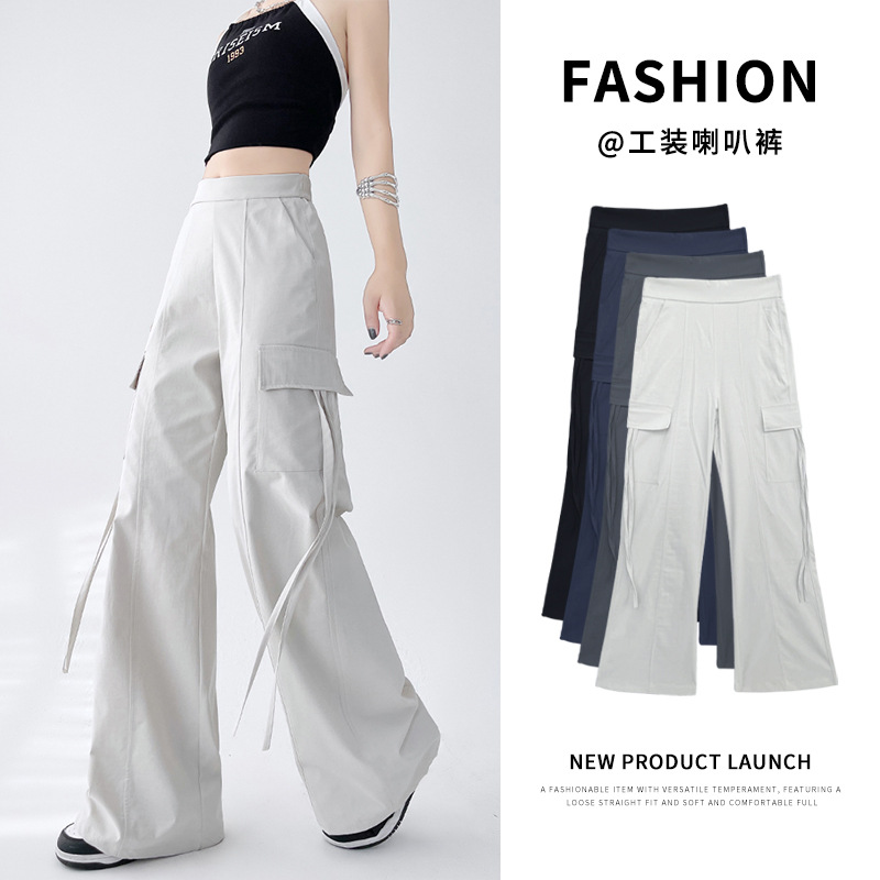 American Style Quick-drying Tooling Horn Wide-leg Pants Women's Summer Thin Retro High Street Design High Waist Sports Casual Pants