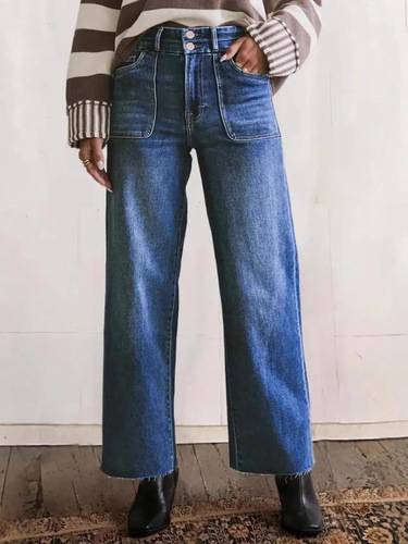 Cross-border Amazon European and American large size washed mid-waist straight jeans double-breasted trousers trimmed nine-quarter jeans