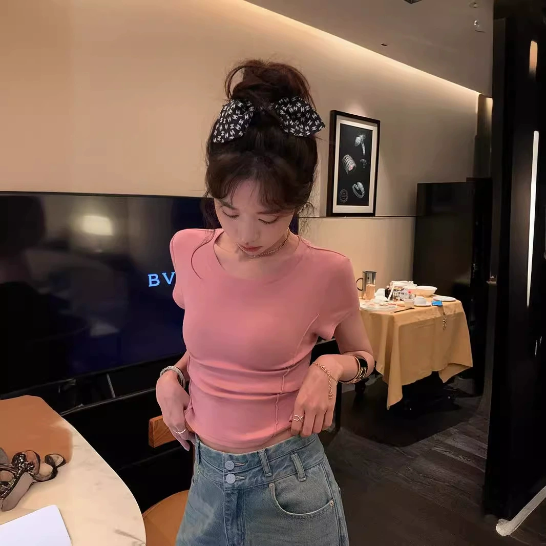 Футболка с короткими рукавами женская 2024 новый летний хлопок тонкий короткий рыбный костяной нити тонкая с грудной подушкой