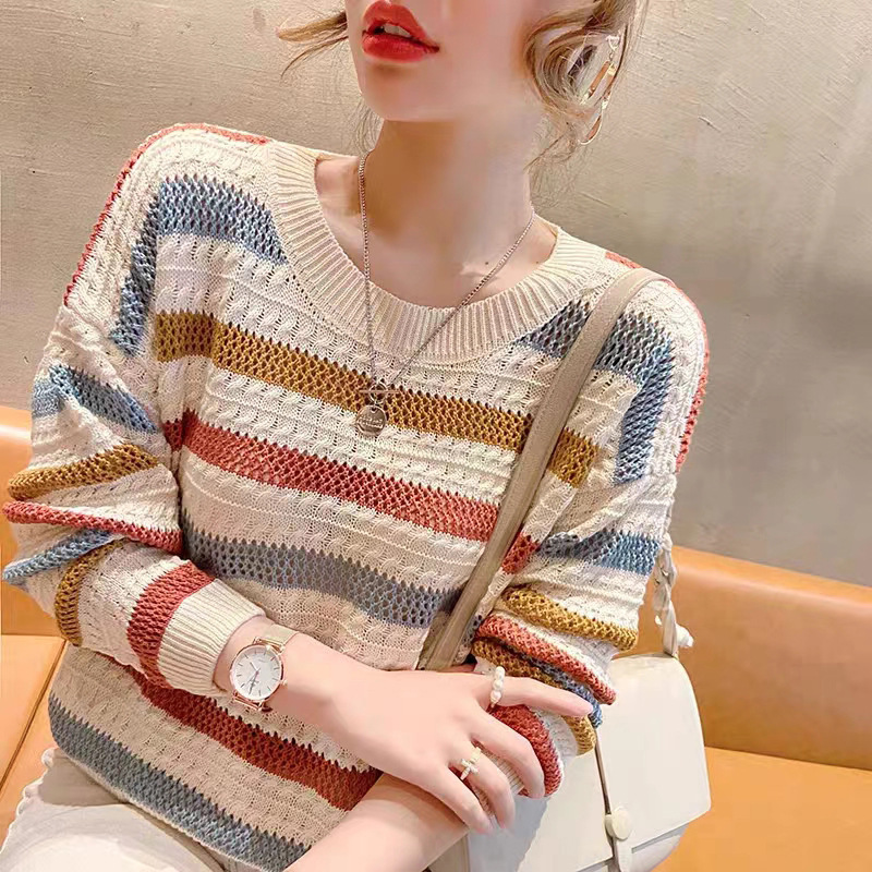 Rainbow Striped Sweater Women's Autumn and Winter New 2024 Loose Color Bat Top Hollow Long-sleeved Thin Sweater