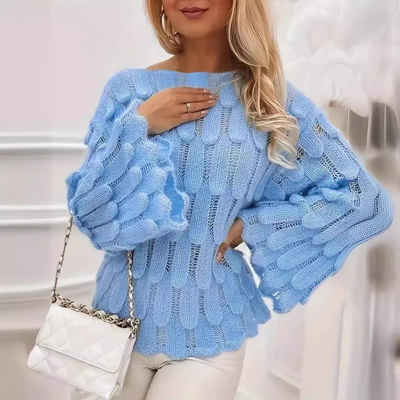 Chic Feather Loose Pullover Stylish Long Sleeve Hollow Out Lazy Style Versatile Knitted Sweater for Women in Spring and Autumn