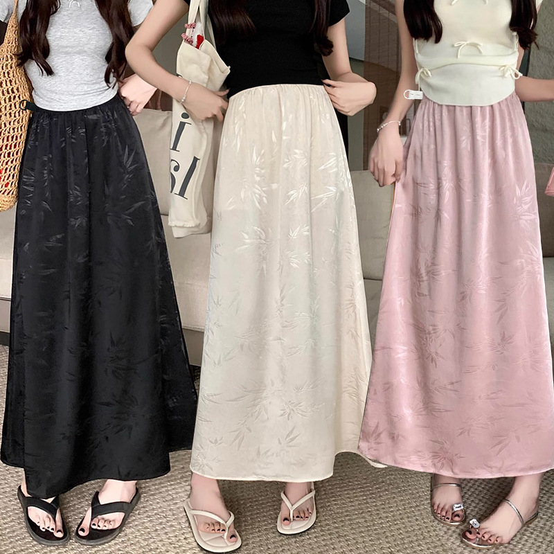 In Stock, Pregnant Women's Summer Belly-Free Elastic Adjustable Satin Jacquard Pleated Retro Draped A-Line Half-Length Skirt