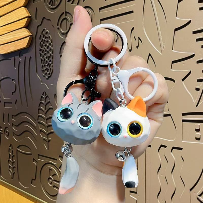 创意可爱卡通树脂大眼猫猫头立体公仔情侣挂尾猫挂件钥匙扣小礼品|undefined