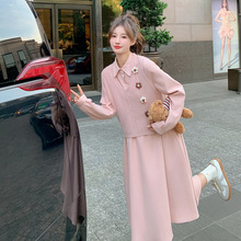 实拍优雅马甲套装长袖连衣裙2024新款韩系法式甜美衬衫裙两件套