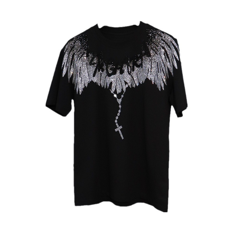 Camiseta de manga corta para hombre, talla grande, estilo europeo, marca de moda, con pedrería, diseño de alas de ángel en la parte delantera y trasera, corte holgado