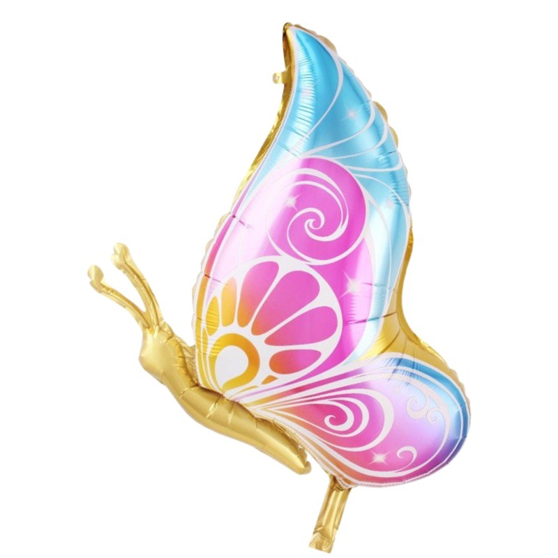 Lado volando mariposa mariquita flor película de aluminio globo decoración de la fiesta de cumpleaños de los niños forma de mariposa globo al por mayor
