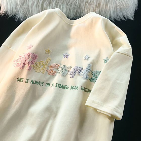 Oversize 300kg chubby girl star printed short sleeve T-shirt women's cotton summer loose bf couple half sleeve top tide