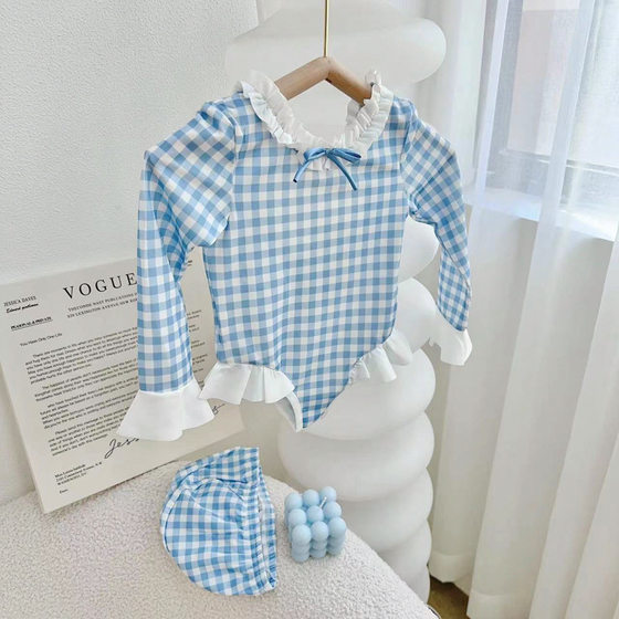 Girls' Split Swimsuit suit Summer New Long-sleeved one-piece Swimsuit with Swim Cap