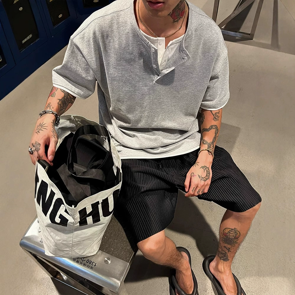 Летний новый тяжелый вес 260 г двойной пряжи хлопчатобумажный воротник Генри поддельные две футболки с короткими рукавами для мужчин с половинными рукавами