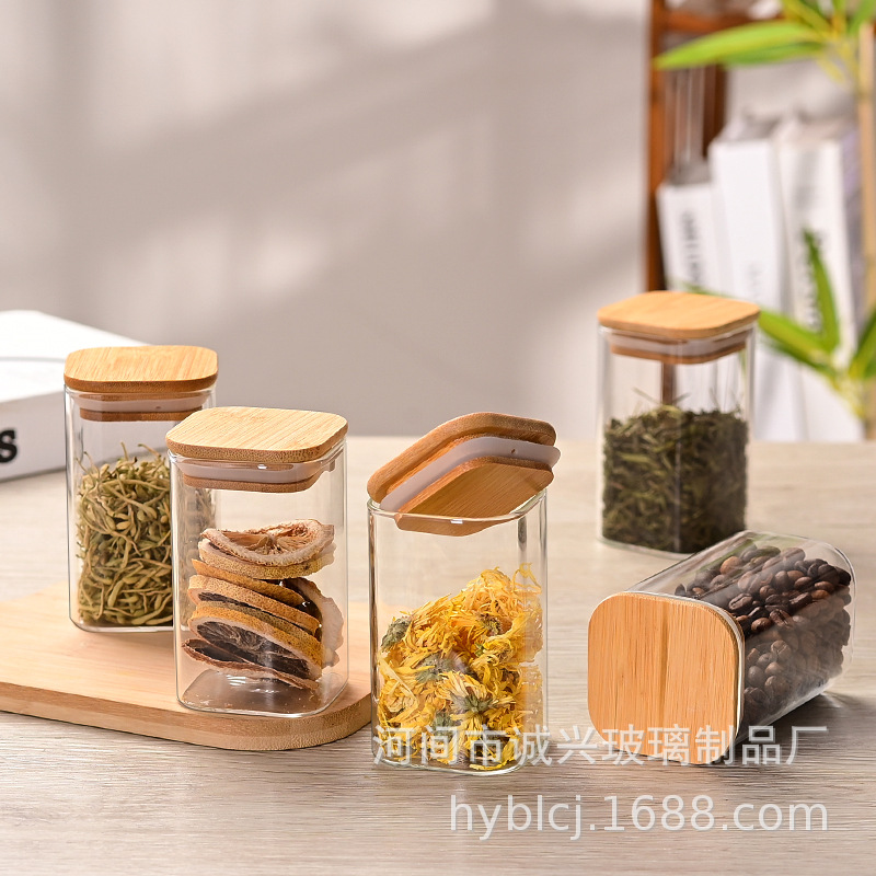 Juego de latas selladas de vidrio de 6 piezas de Amazon, tanque de almacenamiento cuadrado, caja de condimentos de vidrio de cocina, almacenamiento de condimentos