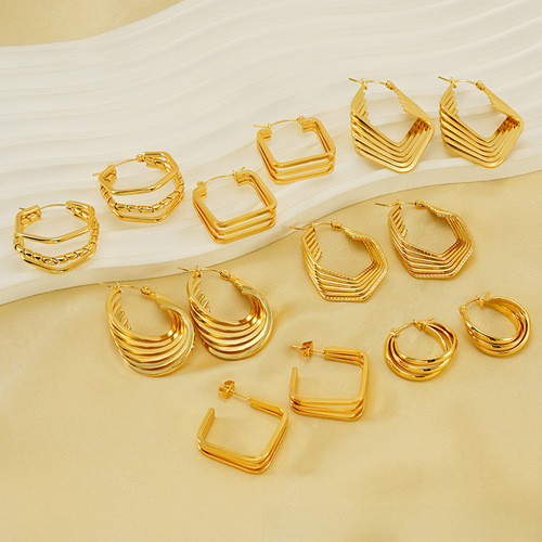 Euro-American Fashion Titanium Steel Retro Multi-layer Hollow Earrings with INS High-end Sense Exaggerated Personality Geometric Earrings for Women, Wholesale