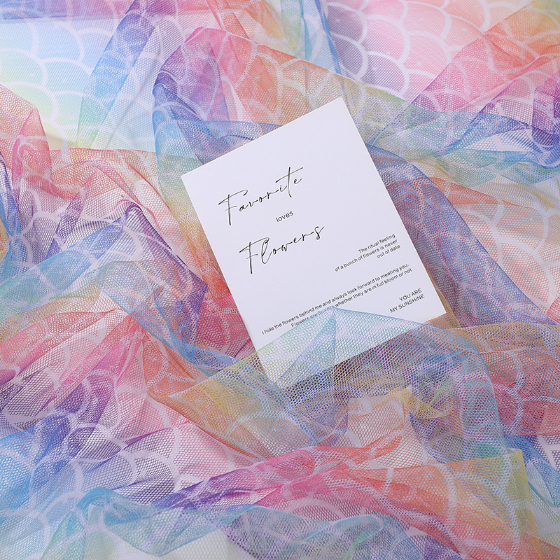 数码印花彩色鱼鳞网布芭比娃娃裙DIY手工玩具童装公主裙网纱面料