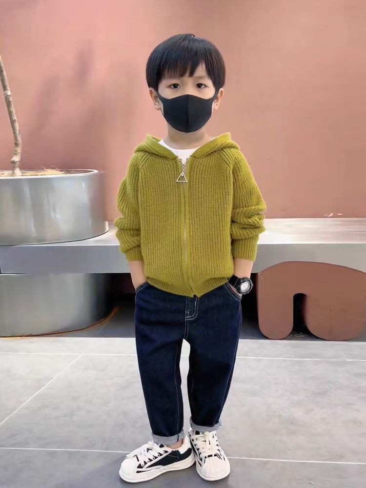 儿童新款针织毛衣男童连帽潮流拉链衫宝宝时尚简约风外套上衣加厚