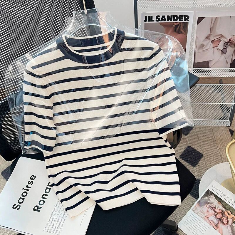26 Spring/Summer New Style 100% Cotton Elegant Light Luxury Lazy Thin Pullover T-Shirt Round Neck Knitwear Women's Striped Top