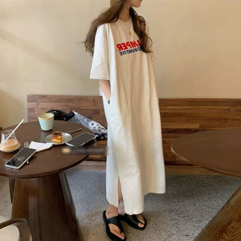 Oversize 1.00 kg-150.00 kg Chubby mmT-Shirt Skirt Women's dress Summer Over-the-knee Long Skirt Flesh Covering Loose Casual Trendy Skirt