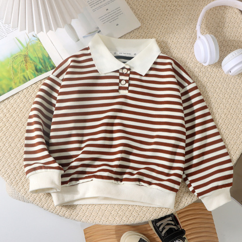 Children's long-sleeved polo shirt, new autumn style, unisex top, medium-sized fashionable striped t-shirt with turn-down collar